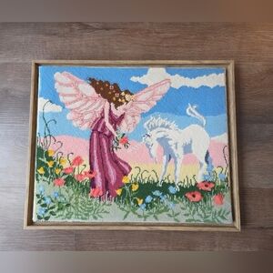 Vtg 1980 Mythical Meadow Unicorn & Fairy Needlepoint Framed Art by Michael Hague